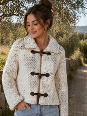 Women's Cream Chunky Toggle Cardigan Jacket.pit to pit 18"